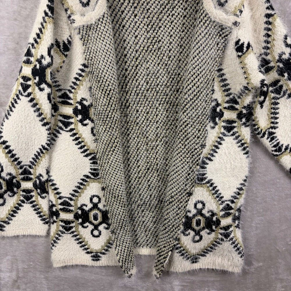 Alberto Makali XL Fuzzy Metallic Geometric Diamond Knit Cardigan Cream Statement - Picture 11 of 13